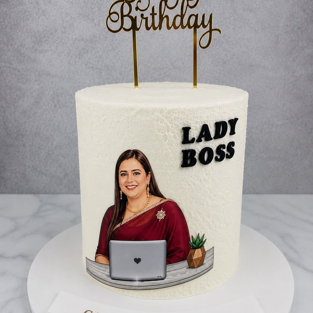 Edible photo print cake with a full colour portrait and gold Happy Birthday lettering, printed and finished at Sahara Bakery Rewari