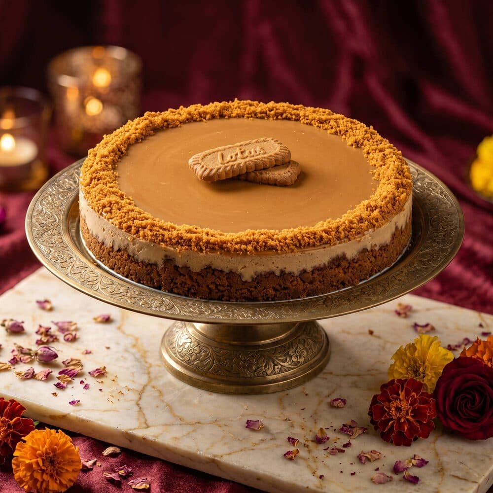 Biscoff cheesecake topped with caramel and Lotus biscuits