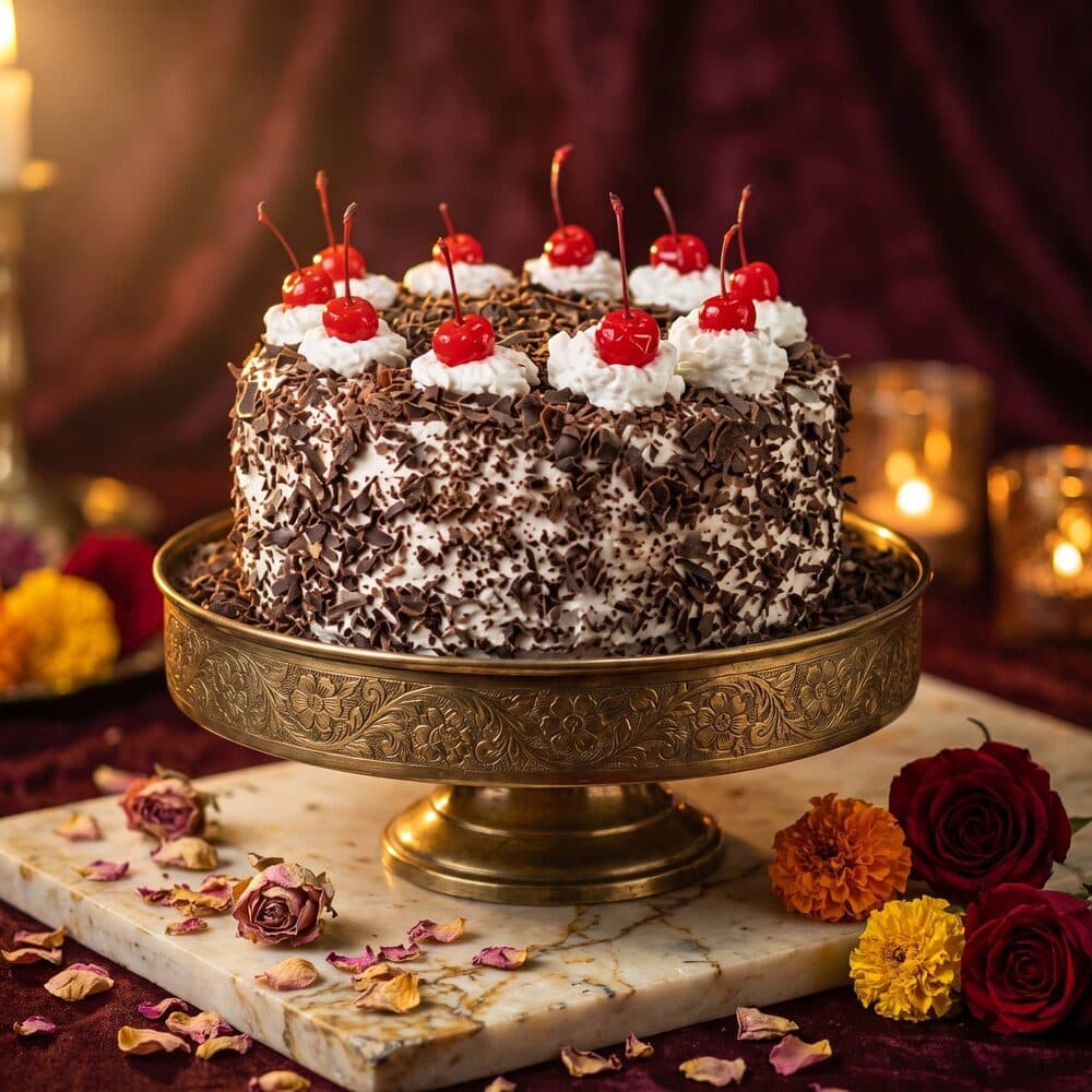 Black Forest cake with chocolate shavings, cream and cherries